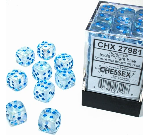 Chessex Dice - 12mm 36d6 - Borealis - Icicle/Light Blue CHX27981