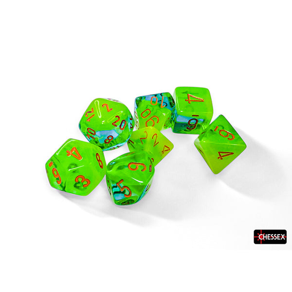Chessex Dice - Gemini - Luminary - Plasma Green-Teal/Orange 7-Die Set CHX26470