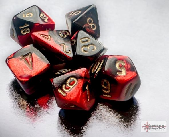 Chessex Dice - Mini Polyhedral - Gemini - Black w/ Red/Gold CHX20633