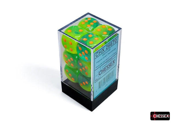 Chessex Dice - 16mm d6 Gemini - Luminary - Plasma Green-Teal/Orange CHX26670