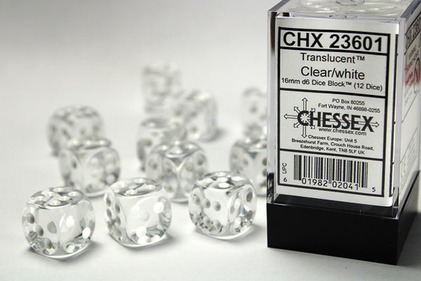 Chessex Dice - 16mm d6 - Translucent - Clear/White CHX23601