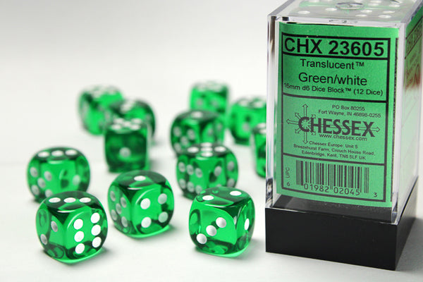 Chessex Dice - 16mm d6 - Translucent - Green/White CHX23605