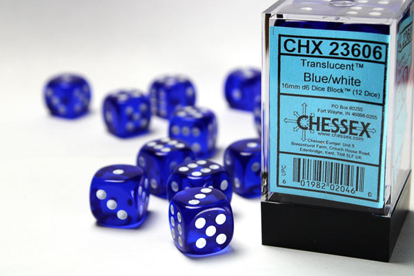 Chessex Dice - 16mm d6 - Translucent - Blue/White CHX23606