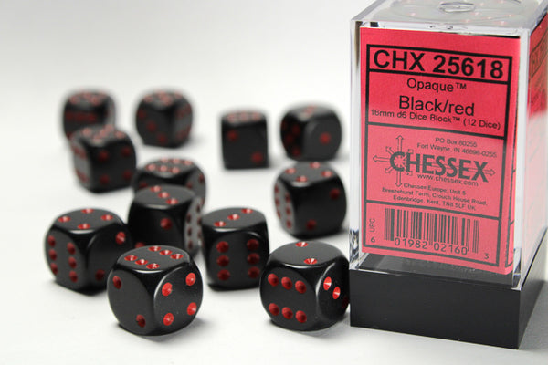Chessex Dice - 16mm d6 - Opaque - Black w/Red CHX25618