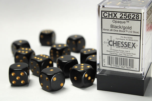 Chessex Dice - 16mm d6 - Opaque - Black w/Gold CHX25628