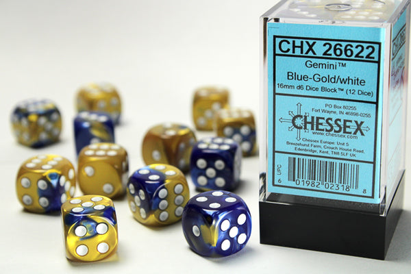 Chessex Dice - 16mm d6 - Gemini - Blue-Gold/White CHX26622