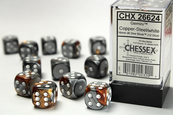 Chessex Dice - 16mm d6 - Gemini - Copper-Steel/White CHX26624