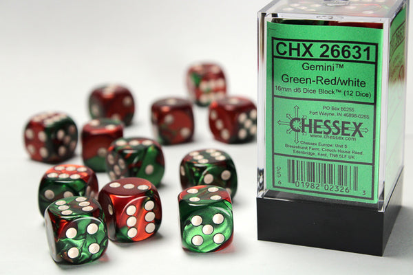 Chessex Dice - 16mm d6 - Gemini - Green-Red/White CHX26631