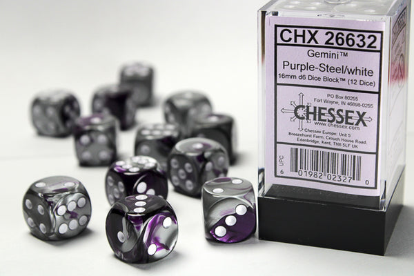 Chessex Dice - 16mm d6 - Gemini - Purple-Steel/White CHX26632