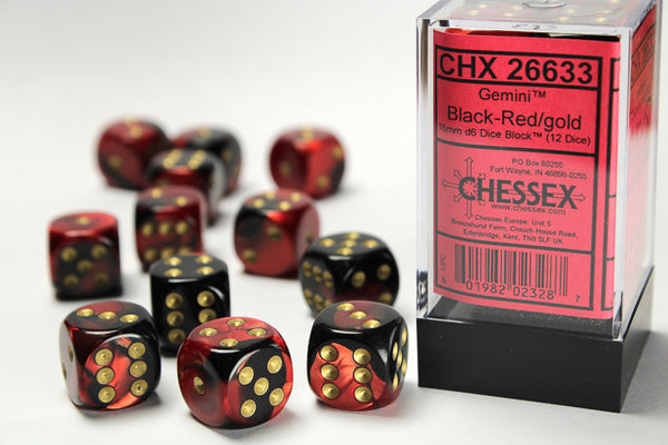 Chessex Dice - 16mm d6 - Gemini - Black-Red/Gold CHX26633