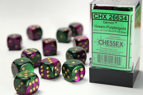 Chessex Dice - 16mm d6 - Gemini - Green-Purple/Gold CHX26634