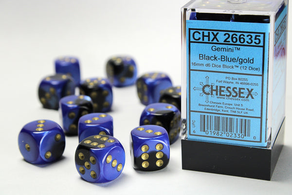 Chessex Dice - 16mm d6 - Gemini - Black-Blue/Gold CHX26635