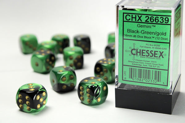 Chessex Dice - 16mm d6 - Gemini - Black-Green/Gold CHX26639