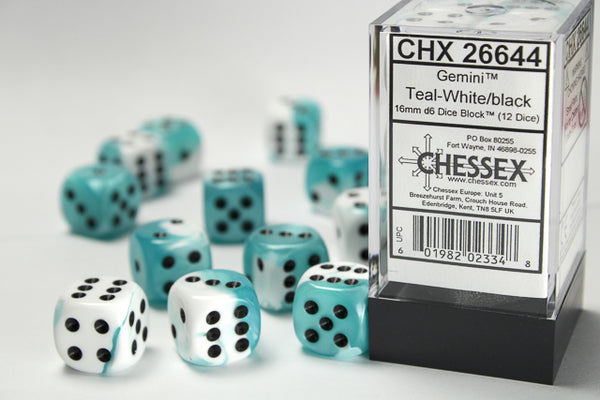 Chessex Dice - 16mm d6 - Gemini - Teal-White/Black CHX26644