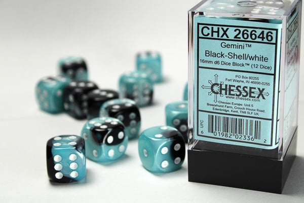 Chessex Dice - 16mm d6 - Gemini - Black-Shell/White CHX26646