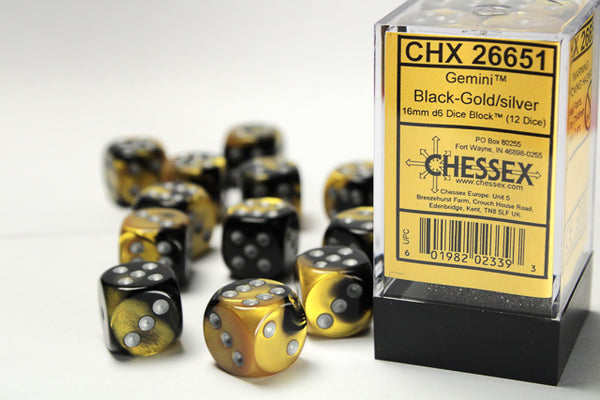 Chessex Dice - 16mm d6 - Gemini - Black-Gold w/Silver CHX26651