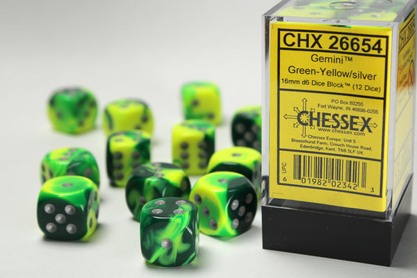 Chessex Dice - 16mm d6 - Gemini - Green-Yellow/Silver CHX26654