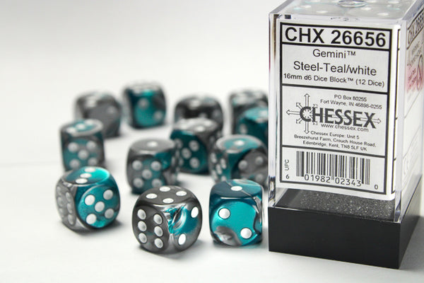 Chessex Dice - 16mm d6 - Gemini - Steel-Teal/White CHX26656