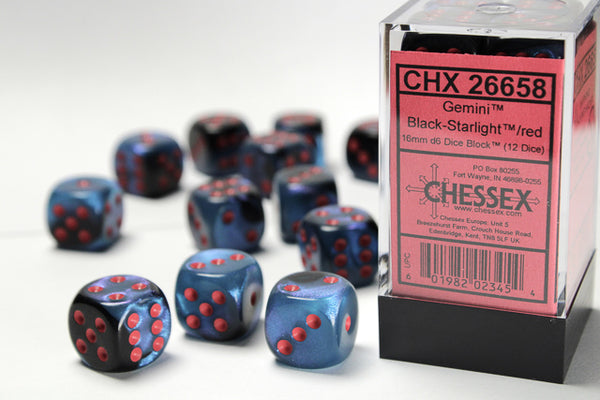 Chessex Dice - 16mm d6 - Gemini - Black-Starlight/Red CHX26658