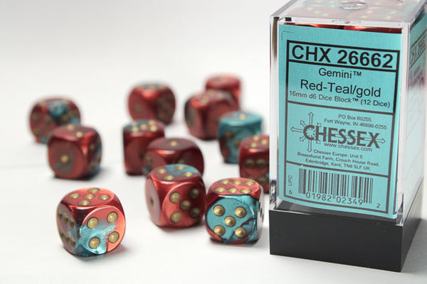 Chessex Dice - 16mm d6 - Gemini - Red-Teal/Gold CHX26662