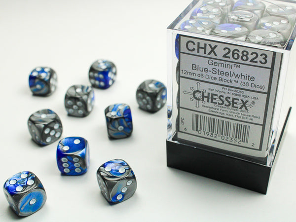 Chessex Dice - 12mm d6 - Gemini - Blue-Steel/White CHX26823