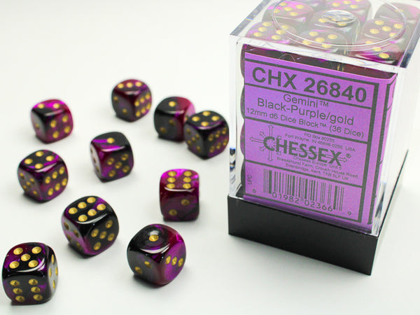 Chessex Dice - 12mm d6 - Gemini - Black-Purple/Gold CHX26840