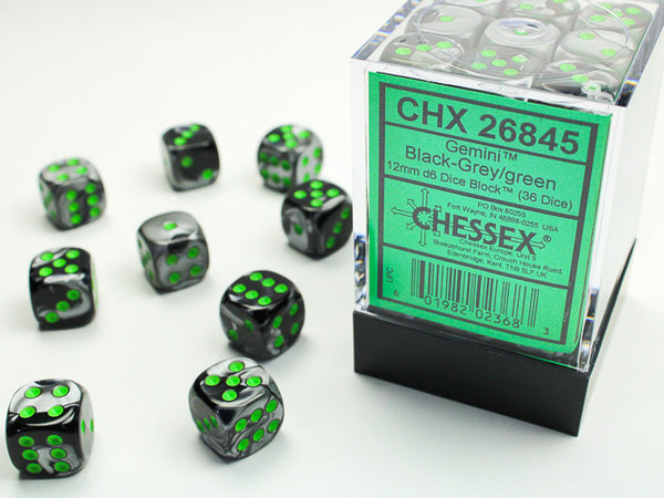 Chessex Dice - 12mm d6 - Gemini - Black-Grey/Green CHX26845
