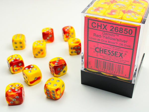Chessex Dice - 12mm d6 - Gemini - Red-Yellow/Silver CHX26850