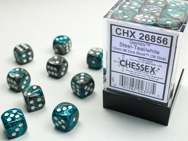 Chessex Dice - 12mm d6 - Gemini - Steel-Teal/White CHX26856