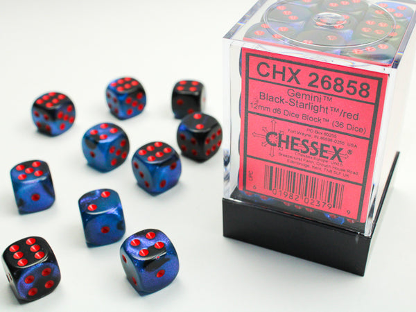 Chessex Dice - 12mm d6 - Gemini - Black-Starlight/Red CHX26858