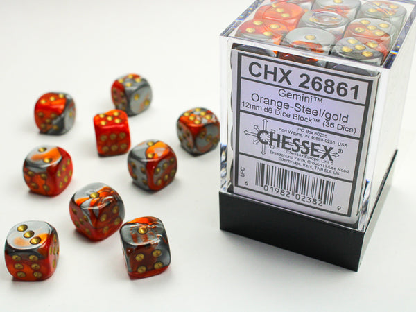 Chessex Dice - 16mm d6 - Gemini - Orange-Steel/Gold CHX26861