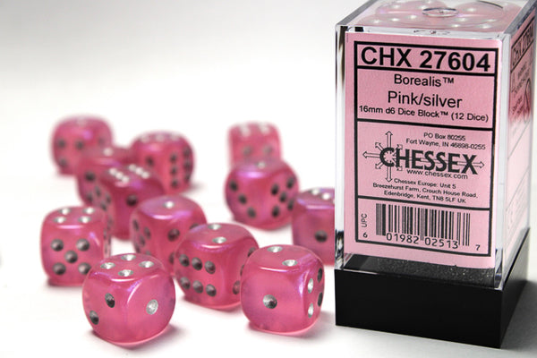 Chessex Dice - 16mm d6 - Borealis - Pink/Silver CHX27604