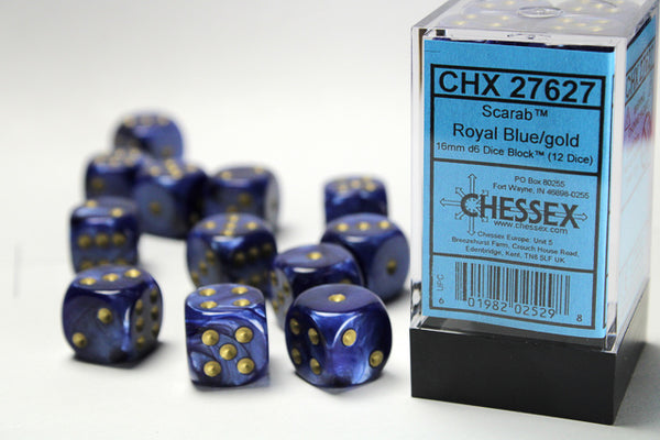 Chessex Dice - 16mm d6 - Scarab - Royal Blue/Gold CHX27627