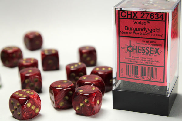 Chessex Dice - 16mm d6 - Vortex - Burgundy/Gold CHX27864