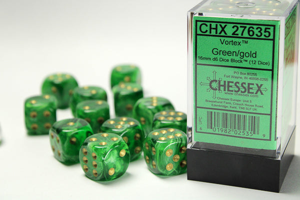 Chessex Dice - 16mm d6 - Vortex - Green/Gold CHX27635