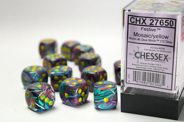 Chessex Dice - 16mm d6 - Festive - Mosaic/Yellow CHX27650