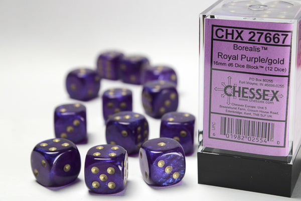 Chessex Dice - 16mm d6 - Borealis - Royal Purple/Gold CHX27667