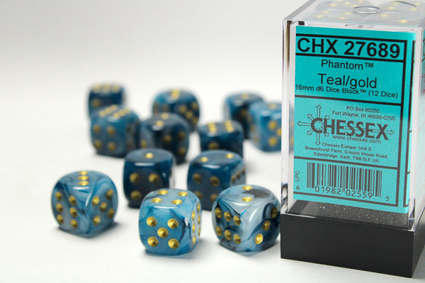 Chessex Dice - 16mm d6 - Phantom - Teal/Gold CHX27689