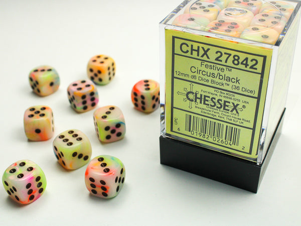 Chessex Dice - 12mm d6 - Festive - Circus/Black CHX27842