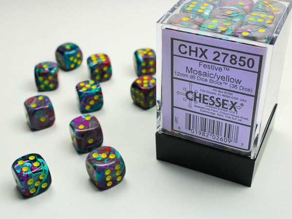 Chessex Dice - 12mm d6 - Festive - Mosaic/Yellow CHX27850