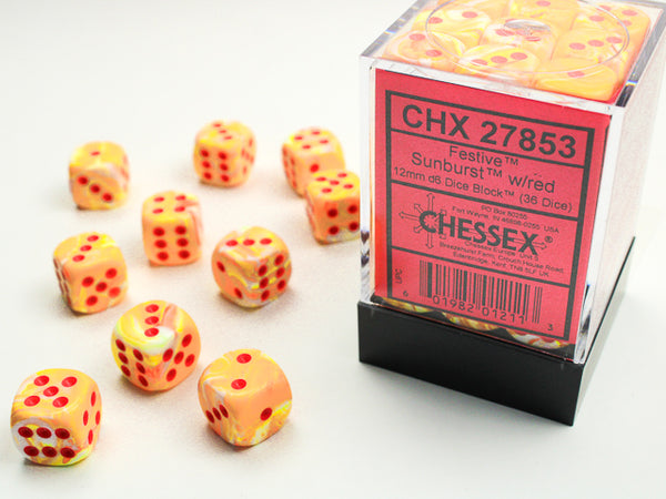 Chessex Dice - 12mm d6 - Festive - Sunburst/Red CHX27853