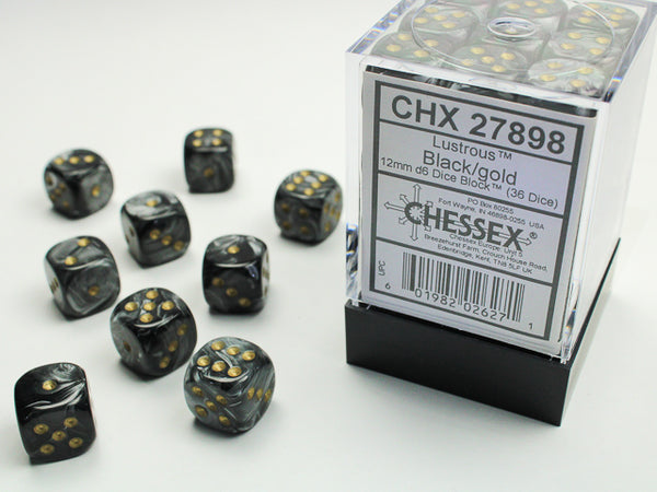 Chessex Dice - 12mm d6 - Lustrous - Black W/Gold CHX27898