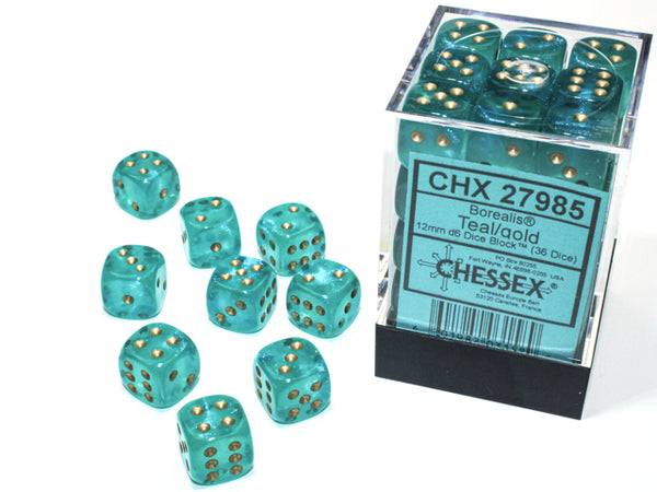 Chessex Dice - 12mm 3d6 - Borealis - Teal/Gold CHX27985