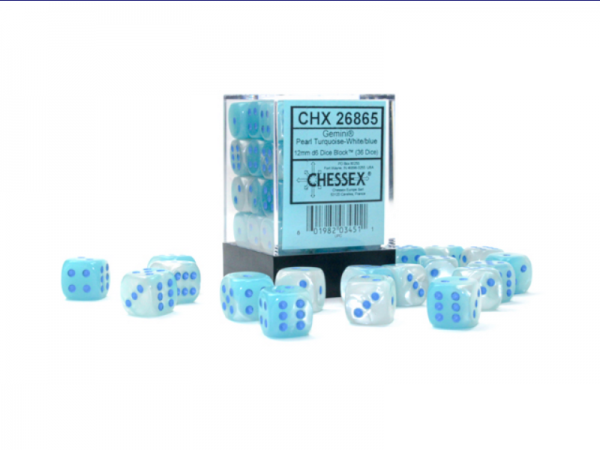 CHX 26865 Pearl Turquoise-White with Blue 12mm d6 (36 Dice)