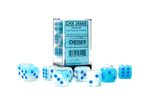 CHX 26665 Gemini Pearl Turquoise-White/Blue 16mm d6 (12 Dice)